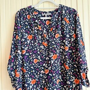 Daniel Rainn Navy Blue Floral Split Neck Roll Tab Sleeve Blouse Womens Large